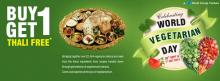 Celebrating World Vegetarian Day, Buy 1 Get 1 Thali Free offer, Rajdhani Thali, 30 September & 1 October 2013